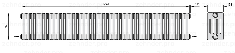Схема (чертеж) Радиатор Zehnder Charleston 5026/39 №2670 Белый глянцевый RAL 9016